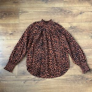 Brown and Black Puff Sleeve Blouse with Mandarin Collar